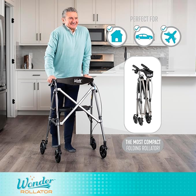 Stander Space Saver Rollator, Lightweight Folding Rolling Walker with Seat for Seniors & Adults, 4-Wheel Mobility Aid with 6-inch Wheels, Locking Brakes & Padded Seat with Backrest, Black Walnut