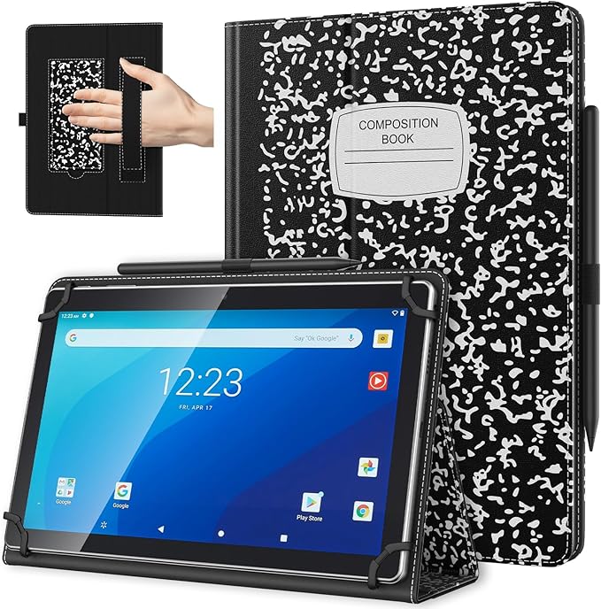 TiMOVO Universal Case for 10.1 Inch Android Tablet with Pen Loop, Lightweight Folding Stand Cover with Hand Strap for All 9.6"-11" Touchscreen Tablet, Notebook Black