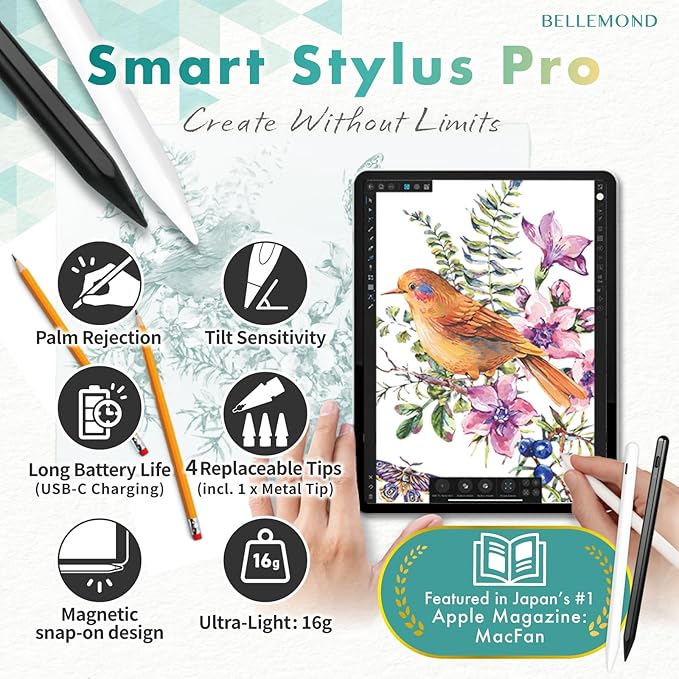 BELLEMOND Smart Stylus Pro | Stylus Pen for iPad Pro, Air, Mini, 9th & 10th Gen | Palm Rejection, Tilt Sensitivity & USB-C Rechargeable | Lightweight Digital Pencil with Replacement Tips | Black