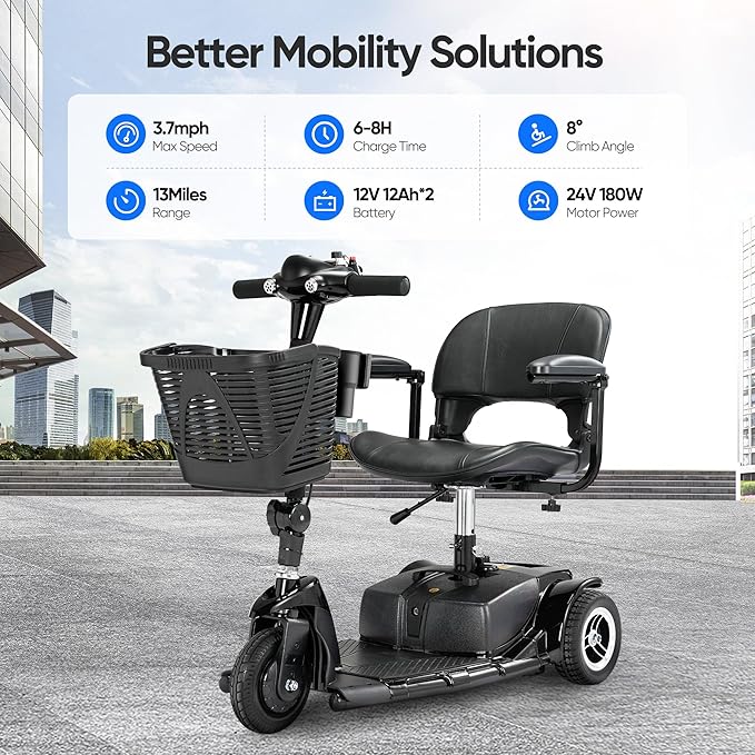 3 Wheel Mobility Scooters for Adults，Collapsible Electric Powered Wheelchair，Portable Compact Motorized Scooter for Travel，Long Range Power，Battery with Charger，Basket and Cup Holder (Black)