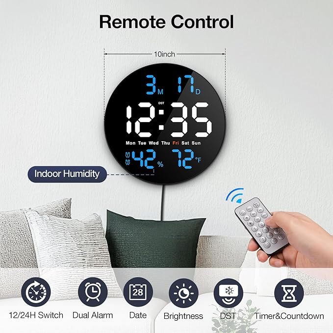 Large Digital Clock for Classroom, Digital Classroom Clocks for Teachers, 10" Round LED Clock with Large Display，Date, Countdown Timer, Remote Control, Temperature, Electric (Blue)