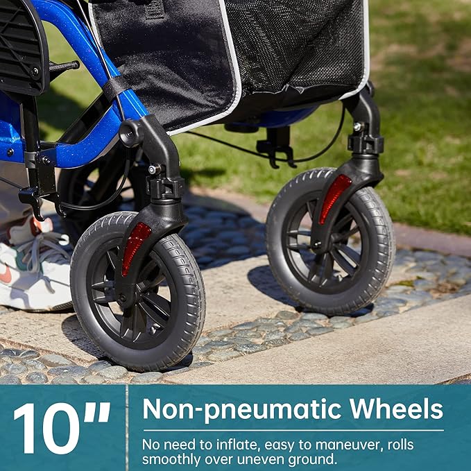 ELENKER All-Terrain 2 in 1 Rollator Walker & Transport Chair, Folding Wheelchair with 10” Non-Pneumatic Wheels for Seniors, Reversible Backrest & Detachable Footrests, Blue