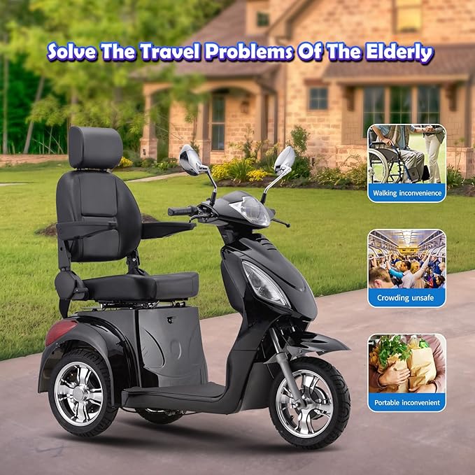 Super Large Electric 3 Wheel Mobility Scooters, 800W Wheelchair Device, 500 LBS Capacity Electric Wheelchair for Seniors & Adults, Speed Adjust, Remote Key, Receive Ready to Ride (Black)