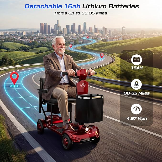 Lightweight Mobility Scooter for Seniors & Adults Cruise Travel, 4 Wheel Mobility Scooter- 37lb Foldable Portable Motorized Scooters with Removable Lithium Battery & Basket for 15Miles Travel, Red