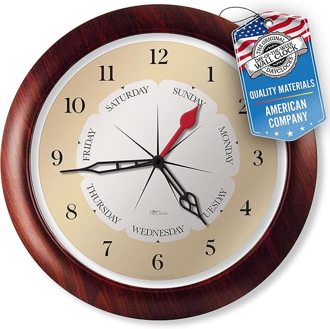 Time & Day of The Week Wall Clock with 13.5” Walnut Accent Frame – – Ideal Retirement Gift for Men and Women, Day Clock for Seniors and Retirees