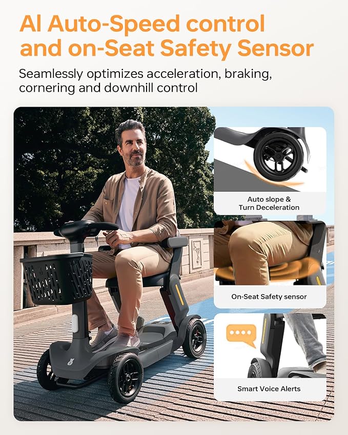 Paiseec S3 Mobility Scooter, Folding Mobility Scooters for Seniors, All Terrain Mobility Scooter, Electric Mobility Scooters for Adults, Folding Mobile Scooter, Auto Speed Control (Gray, S3-40 Miles)