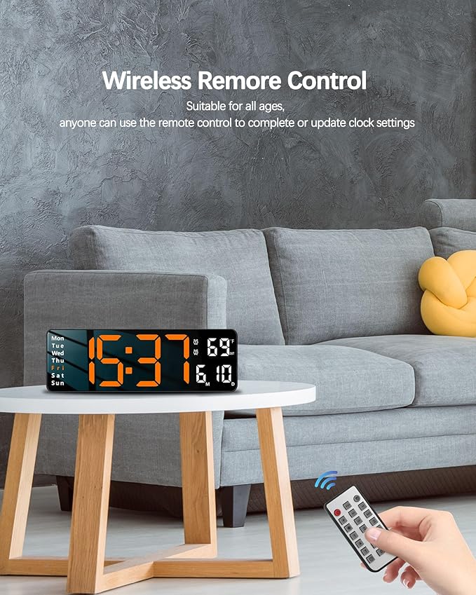 JoFomp Digital Wall Clock - 13" Large LED Display, Loud Alarm, Remote Control, DST, Auto-Dimming, Date and Day, Timer, Temperature - 12/24H Format - Ideal for Living Room, Bedroom, Kitchen