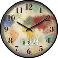 12'' Silent Non-Ticking Vintage Distressed World Map Wall Clock, Battery Operated Analog with LCD Date Day Temp Display, Retro Decor for Home Office Bar Man Cave Classroom