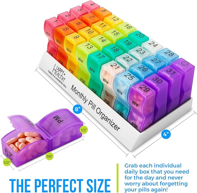 Pill Organizer Monthly - 31 Day Am/Pm Daily 32 Pill Cases for Each Day, Organizer Box for Vitamins, Medicine and Medication
