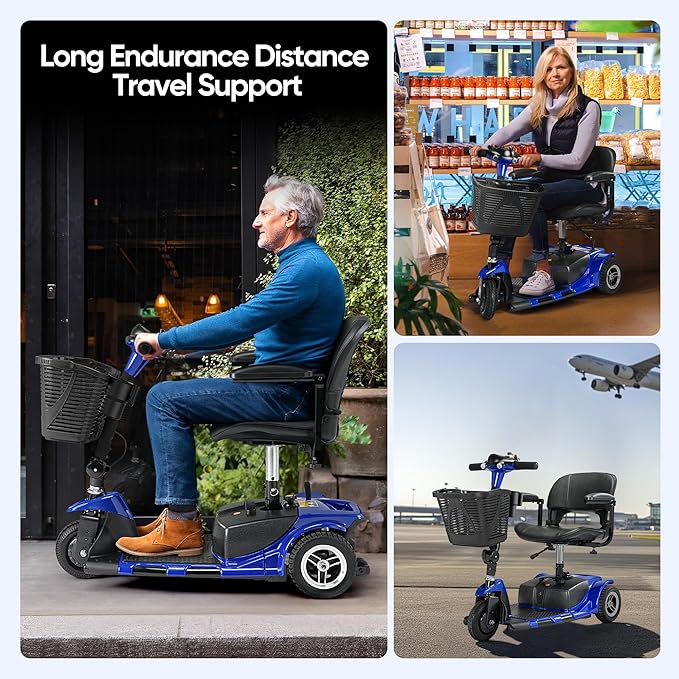 3 Wheel Mobility Scooters for Adults，Collapsible Electric Powered Wheelchair，Portable Compact Motorized Scooter for Travel，Long Range Power，Battery with Charger，Basket and Cup Holder (Blue)