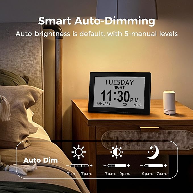 10.1'' Digital Clock With Date And Time, Dementia Clock, Large Display Alarm Clock For Seniors, 10Reminders, 6Alarms, Auto-Dimming, Auto DST, Remote Control, Gifts For People With Dementia, Black