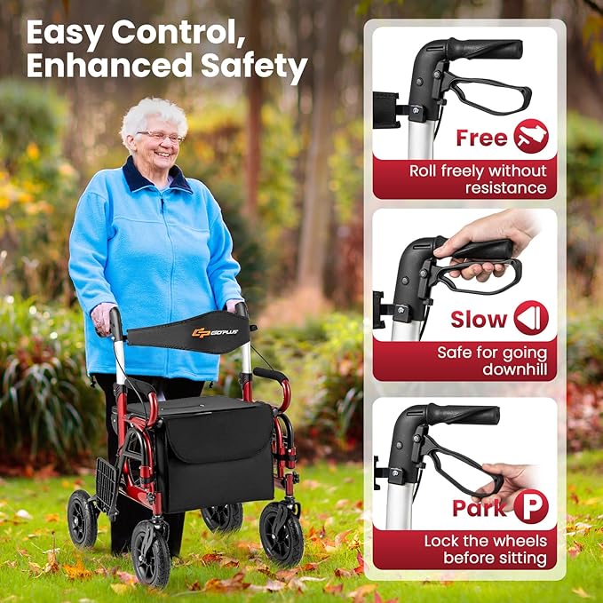 Goplus Walkers for Seniors with Seat, 2 in 1 Folding Rolling Rollator Walker & Wheelchair Combo with Brakes, 9" Pneumatic Tires for All Terrain, Aluminum Adult Mobility Walking Aid