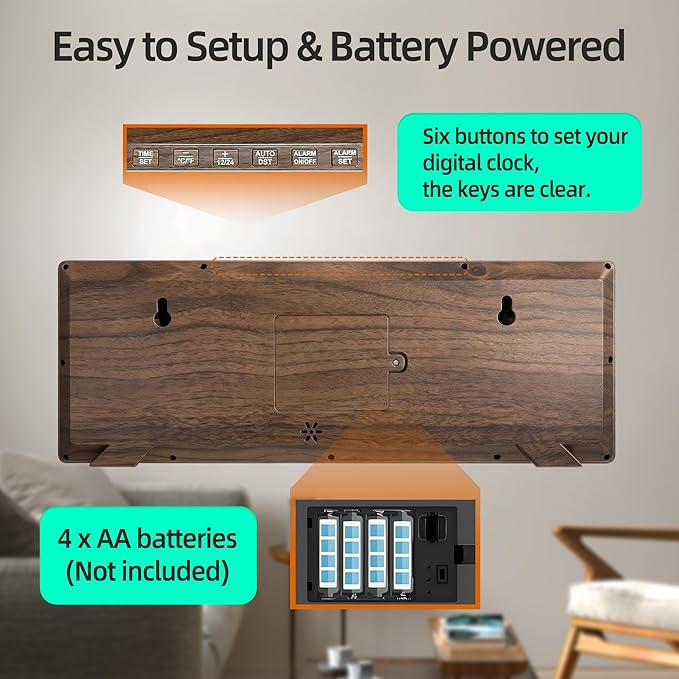 Digital Wood Wall Clock with Battery Operated, 15" Digital Clock Large Display with Date and Day of Week, Large Number with Temperature, Auto DST, Alarm, Snooze, 12/24-hour for Desk Office