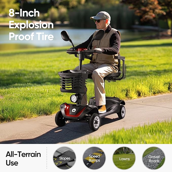 Compact 4 Wheel Mobility Scooter with Display, Foldable Electric Scooter for Seniors and Adults, Heavy Duty Travel Model with Lights, Basket, and Long-Lasting Extended (Black + Red)