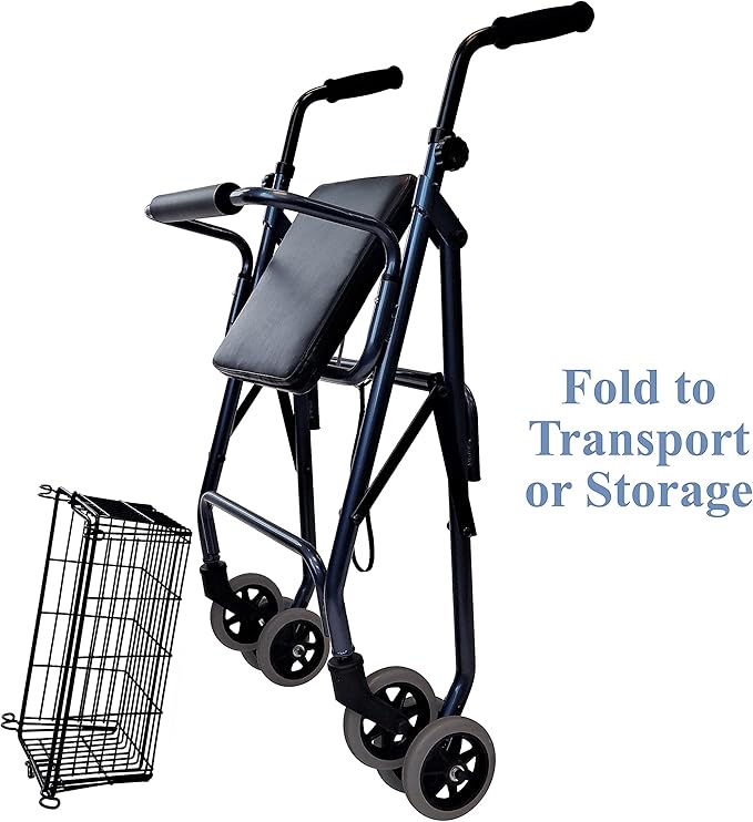 Freedom Lightweight Folding Aluminum Rollator Walker with 5-inch Wheels, Adjustable Seat Height Push Down Brake for Weak Grips with Basket (Midnight Blue)