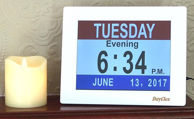 DayClox Memory Loss Digital Calendar 5-Cycle Clock with Red White & Blue or Black & White Section Display