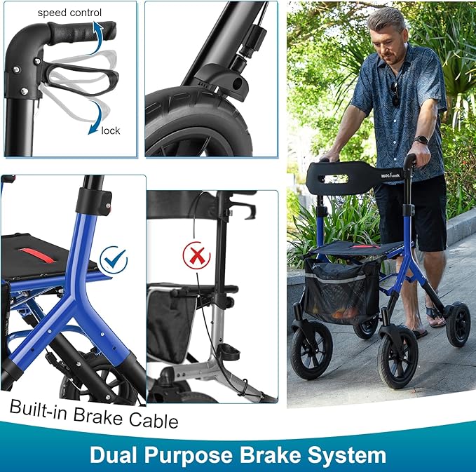 MAXWALK Rollator Walker with Seat, Tall Walkers for Seniors, 12" Big Rubber Wheels All Terrain Rollator Walker with Backrest, Built-in Cable, Foldable and Dual Adjustable Height for 5.3-7ft, Blue