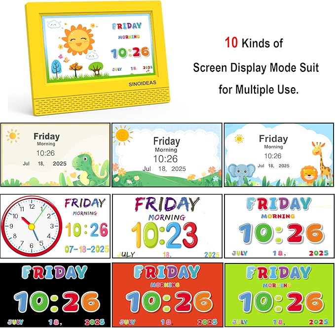 SINOIDEAS 7-Inch Kids' Digital Alarm Clock,Children's Sleep Trainer with Remote Control & Custom Reminder Function (Yellow)