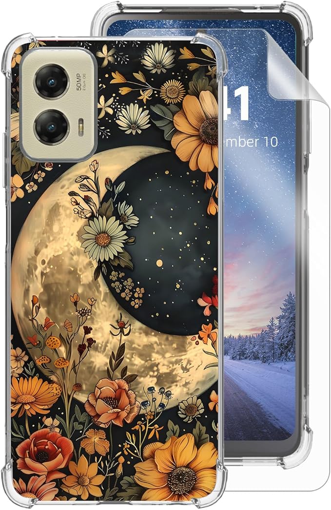 for Motorola G Stylus 5G 2024 Clear Phone Case, Lightweight Transparent TPU, Floral Moon Shockproof Four Corner Anti-Fall Case 6.7" for Moto G Stylus 5G 2024, Screen Protector Film