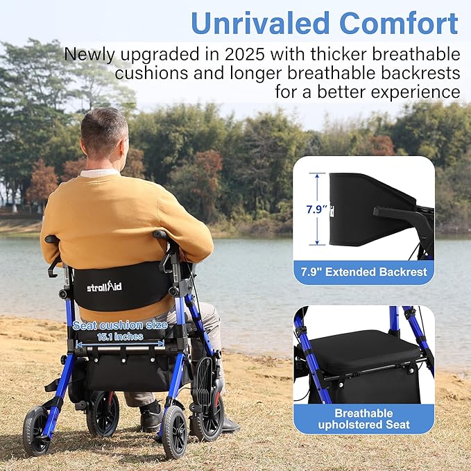 Walkers for Seniors with Seat, Walker Wheelchair Combo, 2 in 1 Rolling Walker Transport Wheelchair Lightweight Foldable, 10" Big Wheels Transport Chair with Brakes,Blue