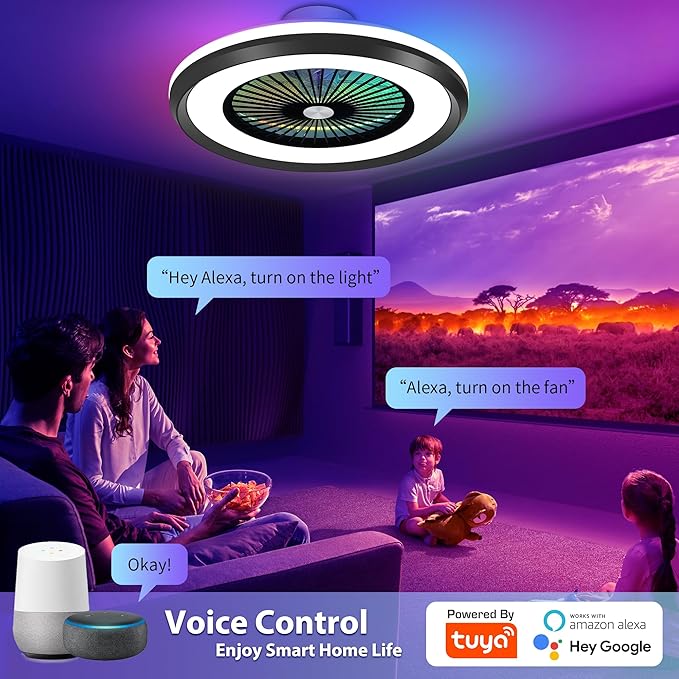 24" Bladeless Ceiling Fans with Lights and Remote/APP/Voice Control, Low Profile Ceiling Fan with RGB Lights, Smart Flush Mount Ceiling for 6 Speeds Timing Reversible