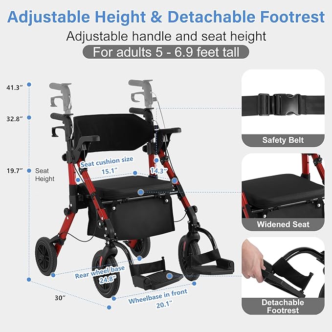 Walkers for Seniors with Seat, Walker Wheelchair Combo, 2 in 1 Rolling Walker Transport Wheelchair Lightweight Foldable, 10" Big Wheels Transport Chair with Brakes,Red
