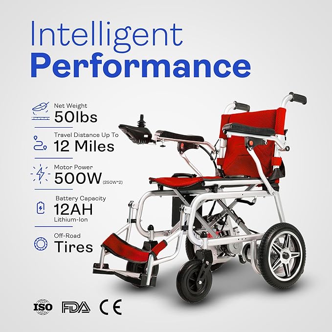 50 Lbs Electric Wheelchairs for Adults, Lightweight, Foldable Wheel Chair for Adults, 500W Motorized Portable Wheelchair for Senior, 300 Lbs Capacity 12-Mile Range (Artemis Pro - Red)