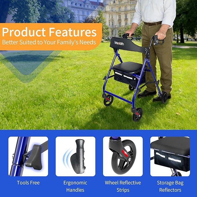 Rollator Walkers for Seniors with Seat, Foldable & One-Hand Carry, Upgraded Rolling Walker with Seat for Seniors, Handles Height Adjustable Rolling Walker for Seniors, Walking & Seated Rest, Blue