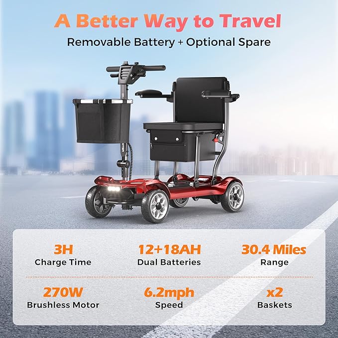 Lightweight Mobility Scooter for Adults & Seniors - Cruise & Airport Approved, 43lb Foldable Portable Motorized Scooters with Dual Lithium Batteries for 30.4 Miles Travel, 300lb Capacity, Red