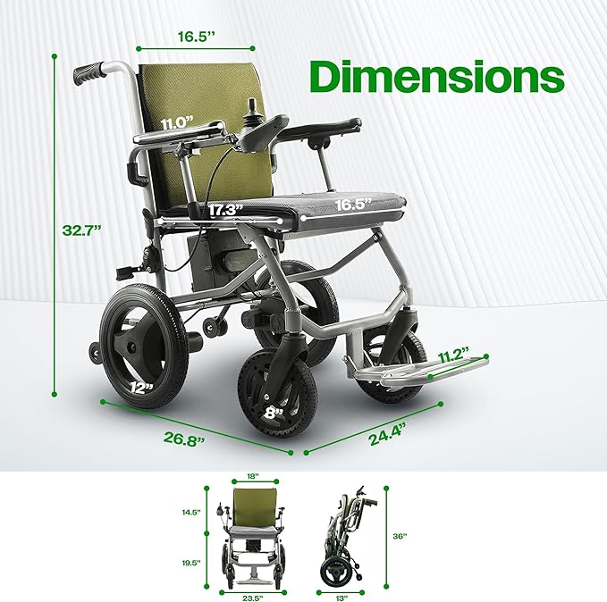 Culver Mobility Kano Foldable Electric Wheelchair, Travel Size, User-Friendly, Wheelchairs for Adults Lightweight, (Green)