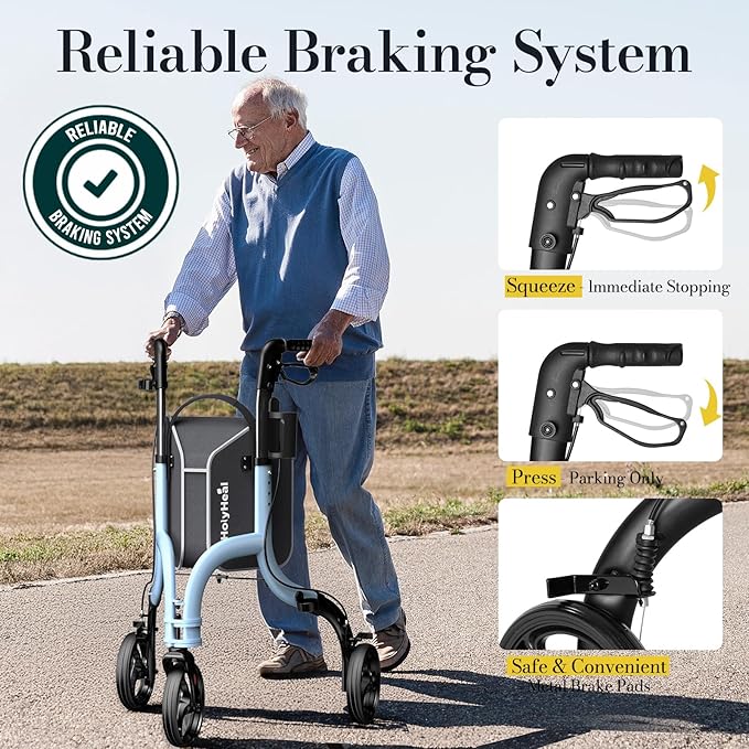 3 Wheel Walkers for Seniors, Lightweight Rollator Walkers Foldable for Elderly with Cane Hold and Cup Hold, Height Adjustable Aluminum Three Wheel Rolling Walker Mobility Aid, Blue