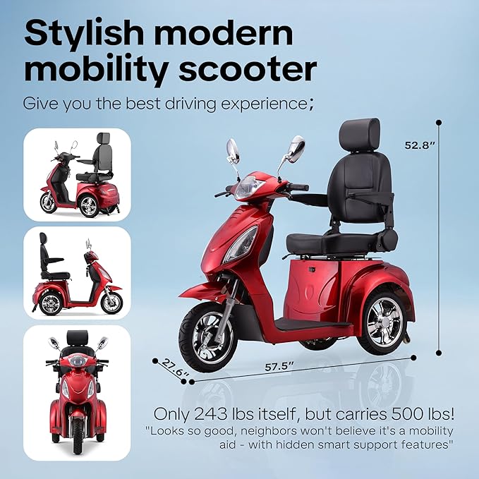Super Large Electric 3 Wheel Mobility Scooters, 800W Wheelchair Device, 500 LBS Capacity Electric Wheelchair for Seniors & Adults, Speed Adjust, Remote Key, Receive Ready to Ride (RED RED)