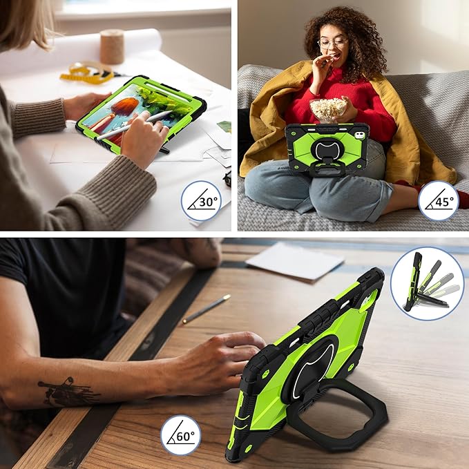 Dteck for iPad Pro 11 inch (M4/M5) 2024/2025 Release Shockproof Case with Shoulder Strap/Pencil Holder/Rotating Kickstand Handle, Heavy-Duty Sturdy Rugged Cover, Protective Tablet Shell, Black Green