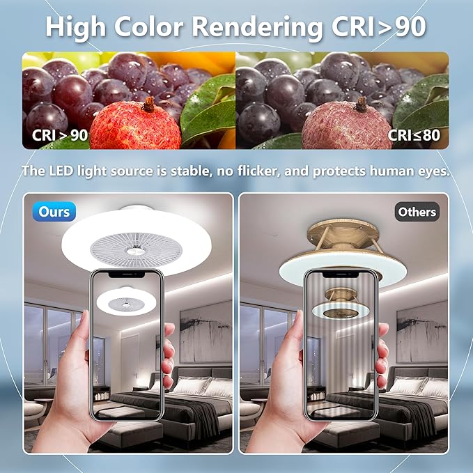 24" RGB Low Profile Ceiling Fan with Main Light, Bladeless Flush Mount Ceiling Fan with APP/Voice/Remote Control, Quiet 6-Speed Reversible DC Motor, Dimmable LED, White