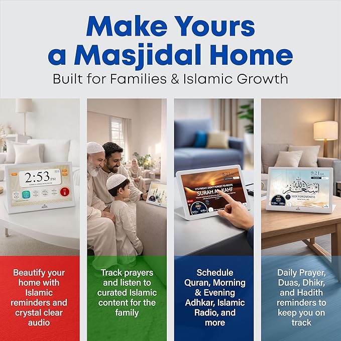 Masjidal 10" Smart WiFi Digital Azan Clock & Islamic Prayer Frame – Automatic Worldwide Prayer & Iqamah Times, Full Quran Player, Athan Alarm, Ramadan Clock, Touchscreen Muslim Home Display, White