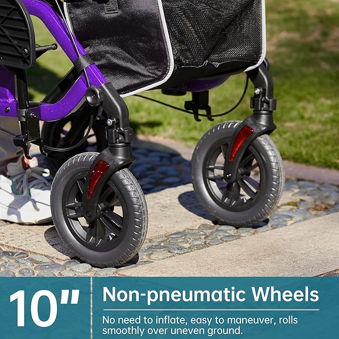 ELENKER All-Terrain 2 in 1 Rollator Walker & Transport Chair, Folding Wheelchair with 10” Non-Pneumatic Wheels for Seniors, Reversible Backrest & Detachable Footrests, Purple