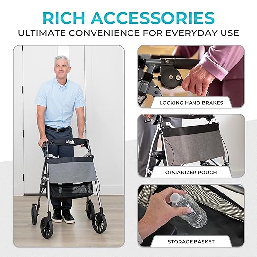 Stander Wonder Rollator Plus with 8-inch All-Terrain Wheels, Lightweight Folding Rolling Walker with Seat, Locking Brakes and Backrest, EZ Fold-N-Go-Rollator for Seniors and Adults, Black Walnut