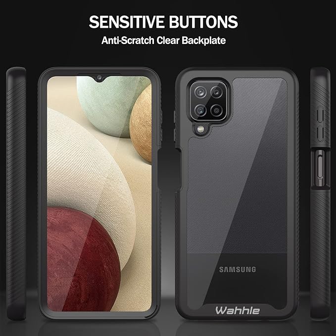 wahhle Compatible with Samsung Galaxy A12 Case, Built in Screen Protector Full Body Shockproof Slim Fit Bumper Protective Phone Cover for Samsung A12 Men Women-Black/Clear