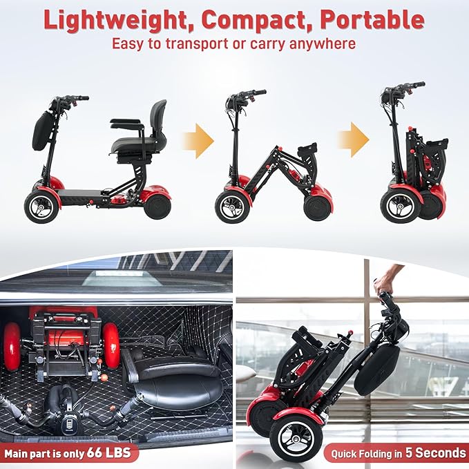 4-Wheel Foldable Electric Scooter All-Terrain Lightweight Folding Mobility Scooter for Adults & Seniors, 25Miles Long Range, 15.6AH Lithium Battery, 3-Speed Mode, Max Load 300lbs (Standard Red)