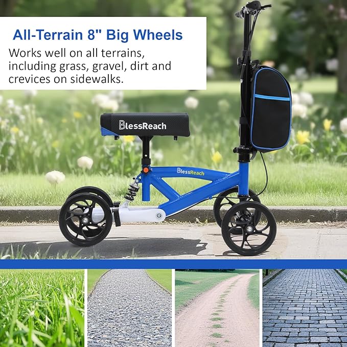 BlessReach Steerable Knee Scooter Deluxe Medical Scooter for Foot Injuries Compact Crutches, with Dual Rear on-Wheel Brake and Shock Absorption Under The Knee pad（Blue）
