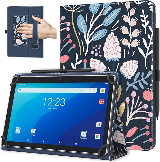 TiMOVO Universal Case for 10.1 Inch Android Tablet with Pen Loop, Lightweight Folding Stand Cover with Hand Strap for All 9.6"-11" Touchscreen Tablet, Colorful Flower