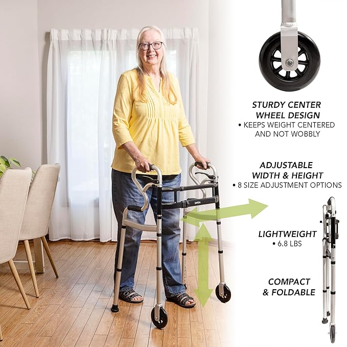 Darza R-Style Narrow Walkers with Storage Bag - Width Height Adjustable Walker, Lightweight Folding Walkers for Seniors Handicapped & Disabled, Up to 350 lbs