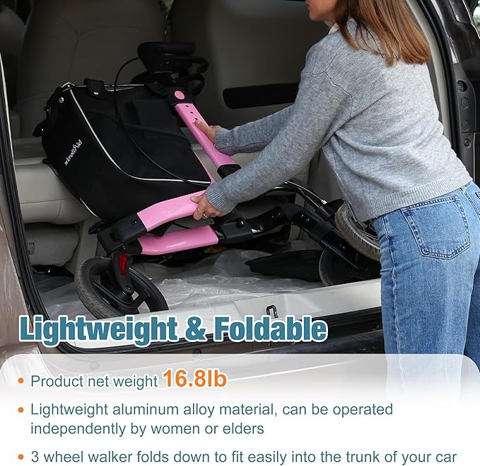 3 Wheel Walkers for Seniors, Foldable Rollator Walker with Tray & Large Storage Bag, 10" Big Wheel for All Terrain, 350 lb Weight Capacity, Pink