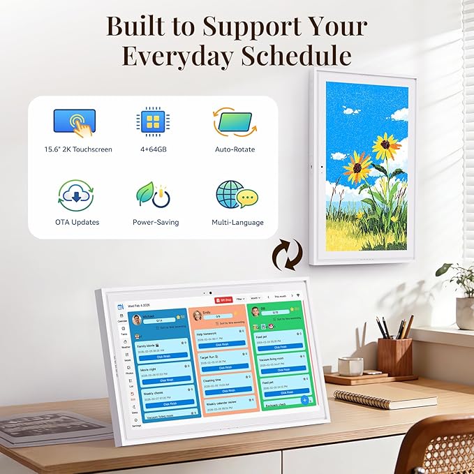 15.6" Electronic Wall Calendar & Digital Family Planner, 2K Smart Touchscreen Display with Video Call, Chore Chart & Shared Family Schedule, 4+64GB, Wall or Desk Mount, Interactive Calendar Organizer