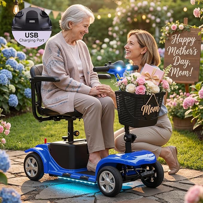 XERATH Mobility Scooters for Seniors Lightweight and Portable,Mobility Scooter with LED Headlights and Basket,lightest Foldable Mobility Scooter 4 Wheels Electric Powered Chargeable Device (Blue)