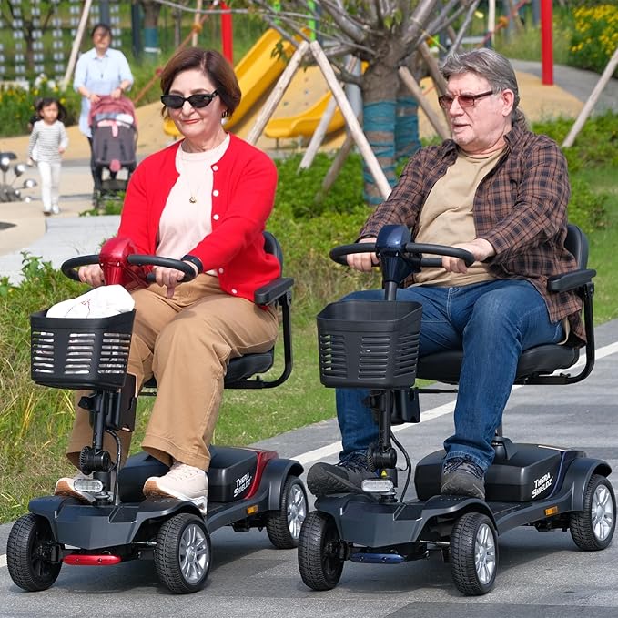 4 Wheel Mobility Scooter - Lightweight, Foldable Electric Mobbility Scooter for Adults, Seniors with Long Range Battery, Shock Absorbing, Basket, Car Light
