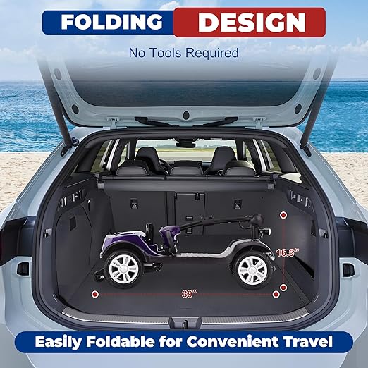 Metro Mobility 4 Wheel Powered Mobility Scooters, 300 lbs Capacity Mobility Scooters for Adults, Folding Mobility Scooter Lightweight, Electric Scooters for Seniors 10 Miles Range LED Light Purple