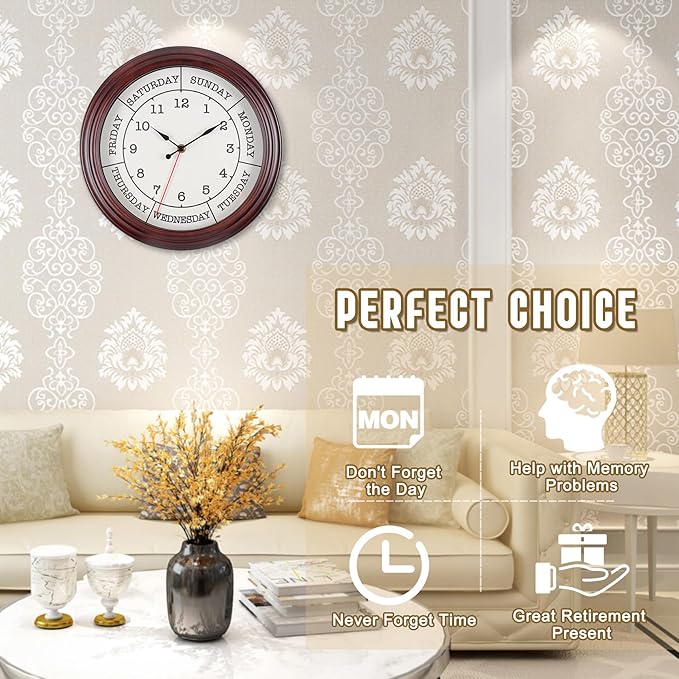 Day of the Week Clock 14 Inch Round Retirement Wall Clock with Wood Frame for Men Women Red Brown