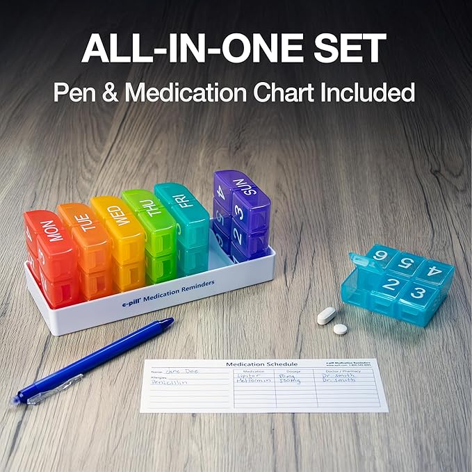 e-Pill 6 Times a Day 7 Day Weekly Pill Organizer – Large Capacity Rainbow Multicolor Pill Box for Vitamins & Medication