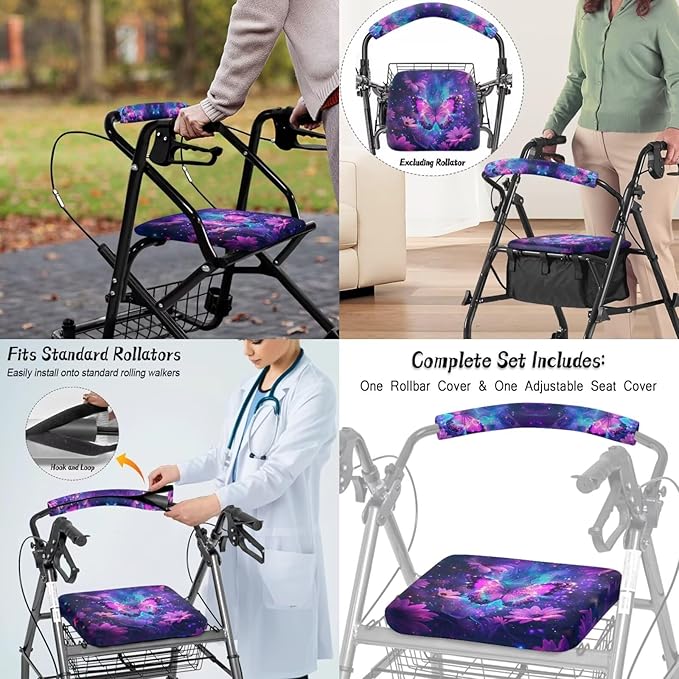 3 Pcs Sets Rollator Walker Accessories Purple Butterfly Walker Seat Cover Rollator Walker Seat & Backrest Covers, Rollator Storage Under Seat Bag